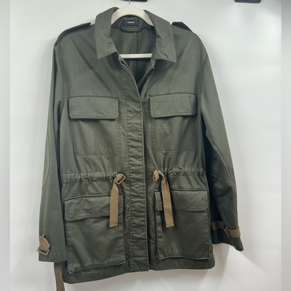 Theory Womens Utility Jacket Ruched Waist Collared Cargo Pockets Olive Green M